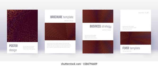 Minimalistic brochure design template set. Orange abstract lines on wine red background. Attractive brochure design. Exceptional catalog, poster, book template etc.