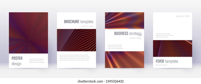 Minimalistic brochure design template set. Orange abstract lines on wine red background. Attractive brochure design. Emotional catalog, poster, book template etc.