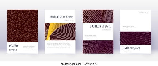 Minimalistic brochure design template set. Gold abstract lines on bordo background. Astonishing brochure design. Decent catalog, poster, book template etc.