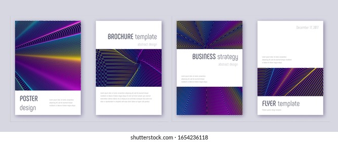 Minimalistic brochure design template set. Rainbow abstract lines on dark blue background. Attractive brochure design. Original catalog, poster, book template etc.