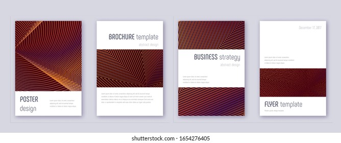 Minimalistic brochure design template set. Orange abstract lines on wine-red background. Attractive brochure design. Extraordinary catalog, poster, book template etc.