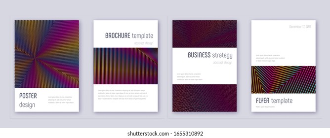 Conjunto minimalista de plantillas de diseño de folleto. Líneas abstractas del arcoiris sobre fondo rojo del vino. Diseño auténtico de folletos. Catálogo activo, póster, plantilla de libro, etc.
