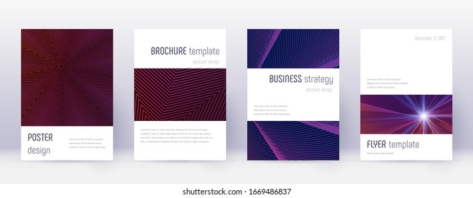 Conjunto minimalista de plantillas de diseño de folleto. Líneas abstractas violetas sobre fondo oscuro. Excelente diseño de folletos. Catálogo activo, póster, plantilla de libro, etc.