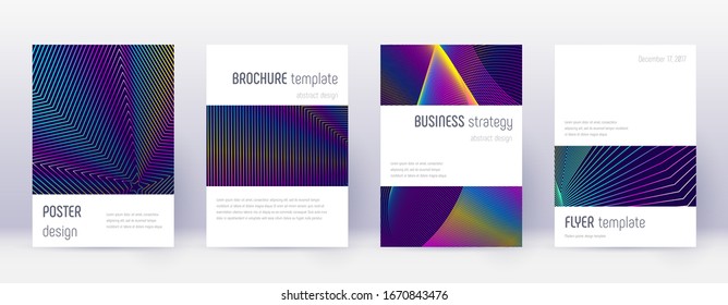 Minimalistic brochure design template set. Rainbow abstract lines on dark blue background. Attractive brochure design. Uncommon catalog, poster, book template etc.