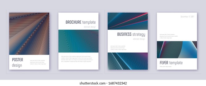 Minimalistic brochure design template set. Red abstract lines on white blue background. Authentic brochure design. Imaginative catalog, poster, book template etc.