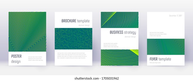 Minimalistische Broschüren Design Template Set. Grüne abstrakte Linien auf dunklem Hintergrund. Atemberaubendes Broschürendesign. Gedächtnisblasen-Katalog, Poster, Buchvorlage etc.