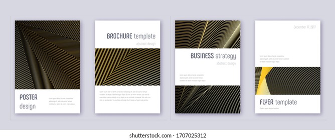 Conjunto minimalista de plantillas de diseño de folleto. Líneas abstractas de oro sobre fondo negro. Diseño artístico de folletos. Catálogo destacable, póster, plantilla de libro, etc.
