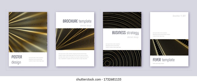Minimalistic brochure design template set. Gold abstract lines on black background. Artistic brochure design. Sightly catalog, poster, book template etc.