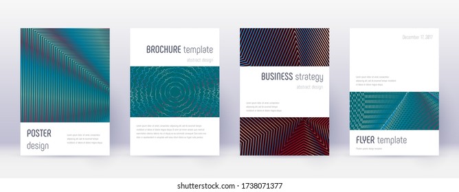 Minimalistisches Design der Broschüre. Rote abstrakte Linien auf weißem, blauen Hintergrund. Authentisches Broschürendesign. Bemerkenswerter Katalog, Poster, Buchvorlage etc.