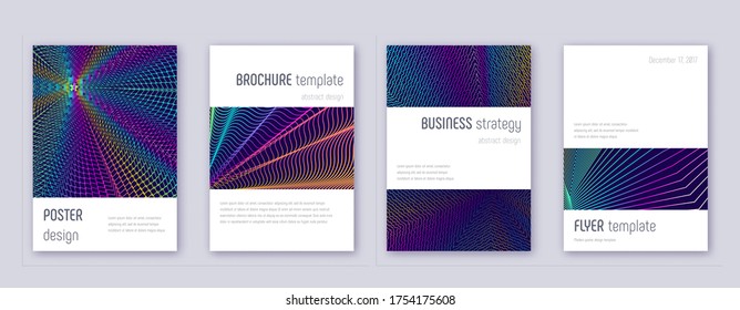 Minimalistic brochure design template set. Rainbow abstract lines on dark blue background. Attractive brochure design. Mind-blowing catalog, poster, book template etc.