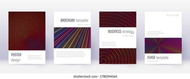 Minimalistic brochure design template set. Rainbow abstract lines on wine red background. Authentic brochure design. Classic catalog, poster, book template etc.