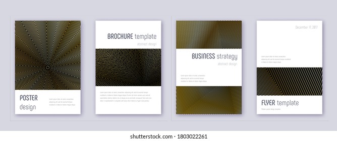 Minimalistic brochure design template set. Gold abstract lines on black background. Artistic brochure design. Radiant catalog, poster, book template etc.