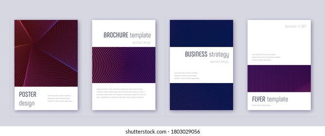 Minimalistic brochure design template set. Violet abstract lines on dark background. Authentic brochure design. Precious catalog, poster, book template etc.