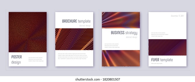 Conjunto de plantillas de diseño de folletos minimalistas. Líneas abstractas naranjas sobre fondo de color rojo. Atractivo diseño de folletos. Gracioso catálogo, afiche, plantilla de libro, etc.