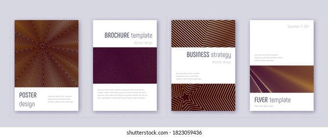 Minimalistic brochure design template set. Gold abstract lines on bordo background. Astonishing brochure design. Adorable catalog, poster, book template etc.