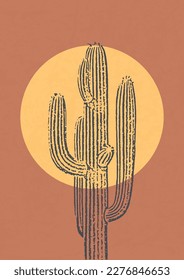 Minimalistic brown Illustration with cactus and sun. Modern style wall decor, monochrome art.