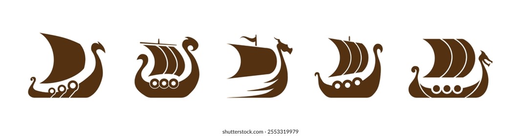 A minimalistic brown Viking longship icon with a dragon prow, shields, and sail, symbolizing Nordic history, Norse mythology, and marine warfare.