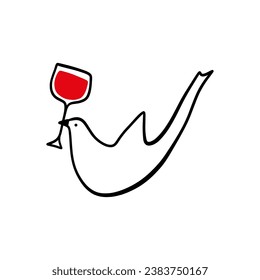 Minimalistic brush bird with red wine glass drawing symbol. Simple minimal cafe and restaurant logo or label. Isolated graphics on white background.