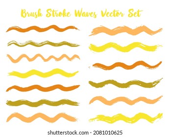 Minimalistic brush stroke waves vector set. Hand drawn gold brushstrokes, ink splashes, watercolor splats, hand painted curls. Interior colors guide book elements. Summer design paint brush curves.