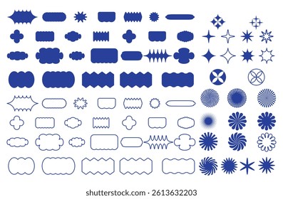 Minimalistic brutal shape sticker set. Vector geometric star shaped icons. Circles and rectangles with wavy zigzag edges