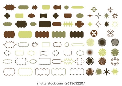 Minimalistic brutal shape sticker set. Vector geometric star shaped icons. Circles and rectangles with wavy zigzag edges