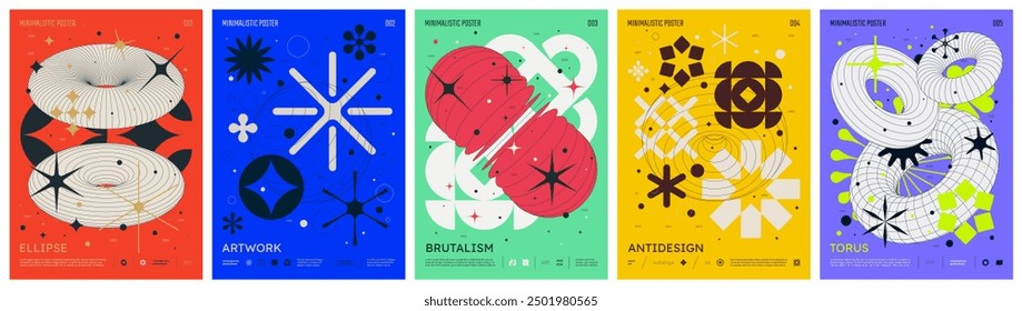 Cartel de moda colorido del brutalismo minimalista, gráfico geométrico abstracto de la composición en la estética Y2K, Formas simples del Vector arte de la impresión del rave modernismo y formato futurista A4 del estilo retro