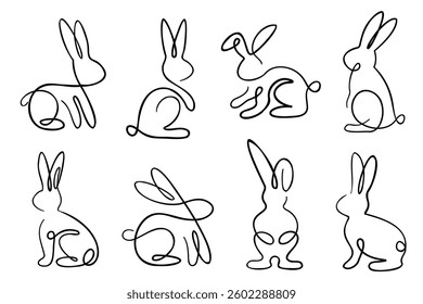 Minimalistic bunnies line drawings with continuous line. Rabbits illustration set with single line rabbits.