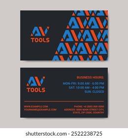 Minimalistic business card design with red and blue AV abbreviation on dark gray background. Perfect for automotive branding or any business related to car sales, services, or repairs.