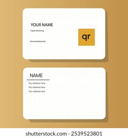 Minimalistic business card template featuring a white background, rounded corners, and modern text layout with gold accents.