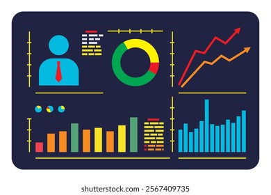 Minimalistic business statistics screen with bar charts, pie charts, and line graphs, showcasing data trends, KPIs, and metrics in a professional dashboard layout.