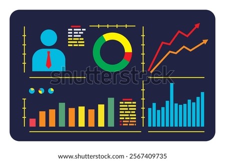 Minimalistic business statistics screen with bar charts, pie charts, and line graphs, showcasing data trends, KPIs, and metrics in a professional dashboard layout.