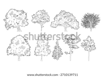 Minimalistic cad tree line drawing set, silhouette outline side view elements for landscape design, vector illustration