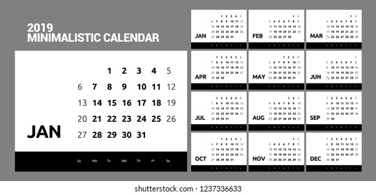 Minimalistic calendar for 2019 year. Horizontal vector design template. Week Starts Sunday. One color.