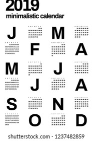 Minimalistic calendar for 2019 year. Vertical vector design template. Week Starts Sunday. One color.