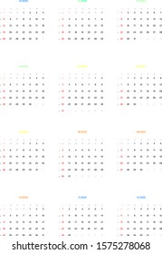 Minimalistic calendar 2020 without words, only numbers