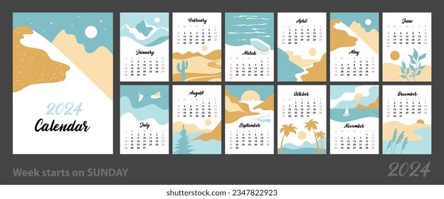 Calendario minimalista de 2024. Hermosos paisajes planos. Afiches al estilo escandinavo. Diseños verticales para imprimir