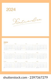 Minimalistic calendar grid for 2024 in Azerbaijani in 2024 orange color.