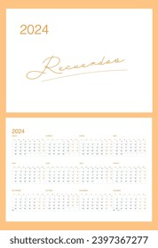 Minimalistic calendar grid for 2024 in Spanish in 2024 orange color.