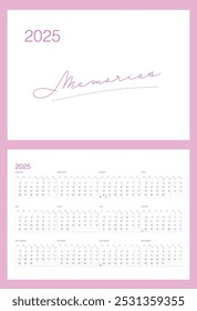Minimalistic calendar grid for 2025 in English. The week starts on Sunday