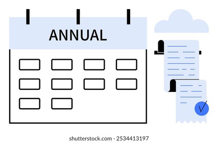 A minimalistic calendar marked Annual with a connected receipt featuring a check mark. Ideal for financial planning, accounting, yearly budgeting, tax preparation, and billing reminders. Clean