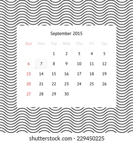 Minimalistic calendar page for September 2015 on abstract background with waves