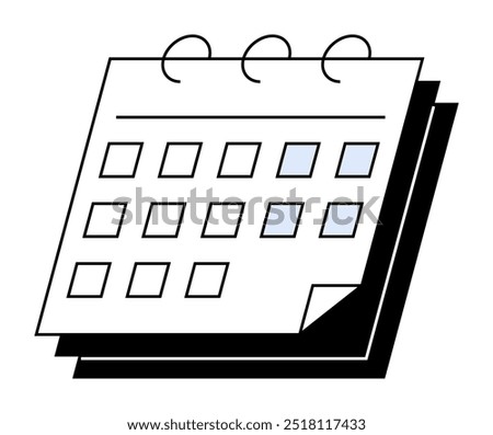 A minimalistic calendar with spiral binding, featuring highlighted dates. Ideal for planning, organization, scheduling, deadlines, and appointments. Clean simple vector style mainly black, white, and