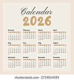 Minimalistic calendar template for 2026. The week starts on Sunday. Calendar grid for 2026 with an unusual font for kindergartens, corporate events, stationery.