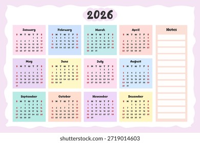 Plantilla de calendario minimalista para 2026. La semana comienza el domingo. Una cuadrícula de calendario brillante para 2026 con una fuente inusual para jardines de infancia, eventos corporativos, papelería.