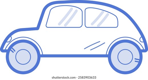 Minimalistic car icon in line art style. Cute cartoon blue small kids car. Silhouette, icon in minimalist style for design of children's rooms, clothing, textiles. Vector illustration.