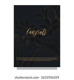 Minimalistic card with gold element flora plumeria with black background in luxury style 