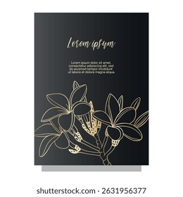 Minimalistic card with gold element flora plumeria with black background in luxury style 
