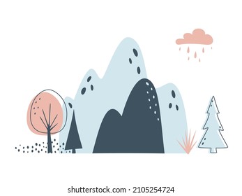 Minimalistic card with mountains, fir-trees and cloud on white background. Travel or nature concept. Nothern landscape in limited colours. Vector illustration