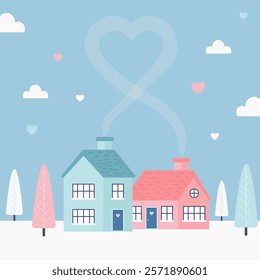 Minimalistic card for Valentine's Day. Concept of loving houses. Vector flat illustration