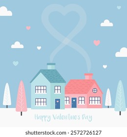 Minimalistic card for Valentine's Day. Concept of loving houses. Vector flat illustration